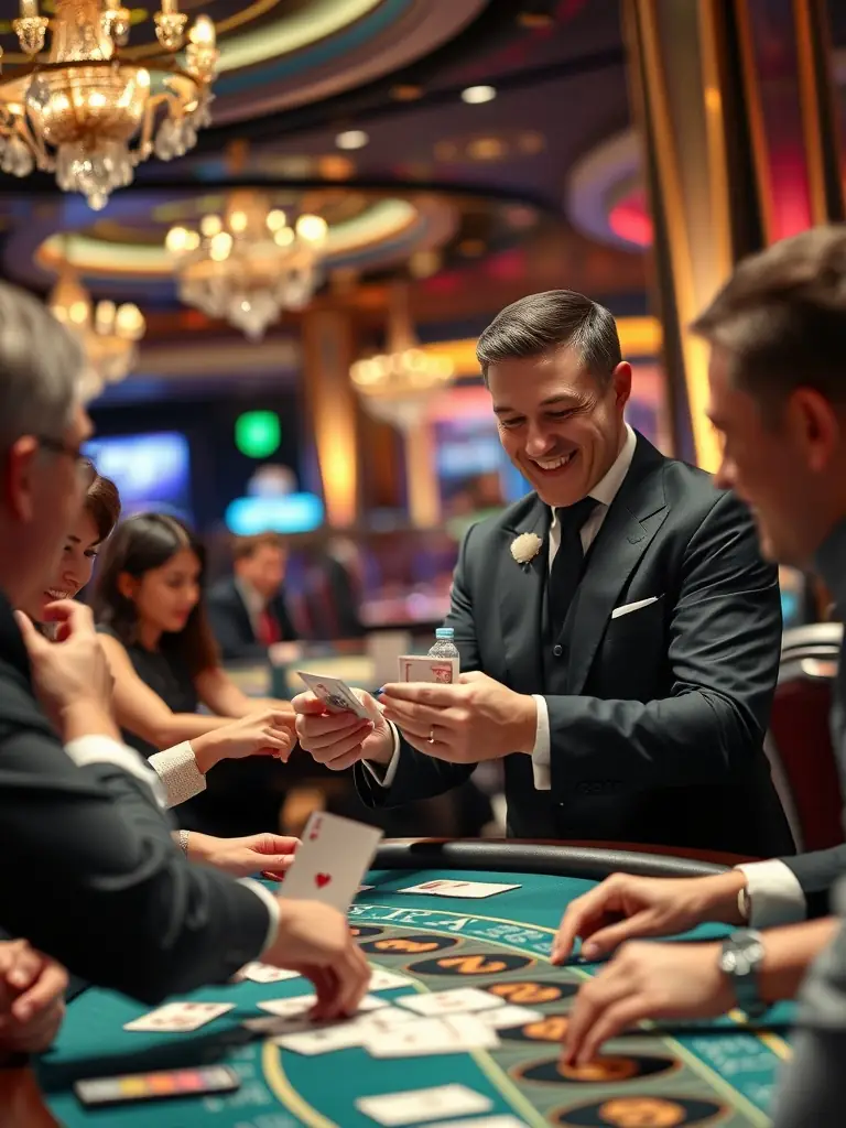 A professional dealer dealing cards in a live baccarat game at Asia Gaming, showcasing the elegant and immersive atmosphere of the live casino.